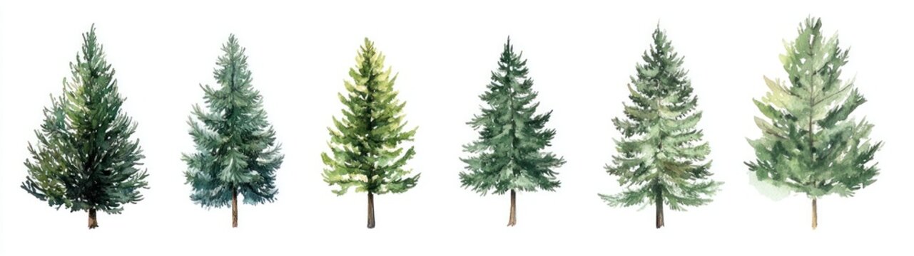 Watercolor Painting of Six Evergreen Trees