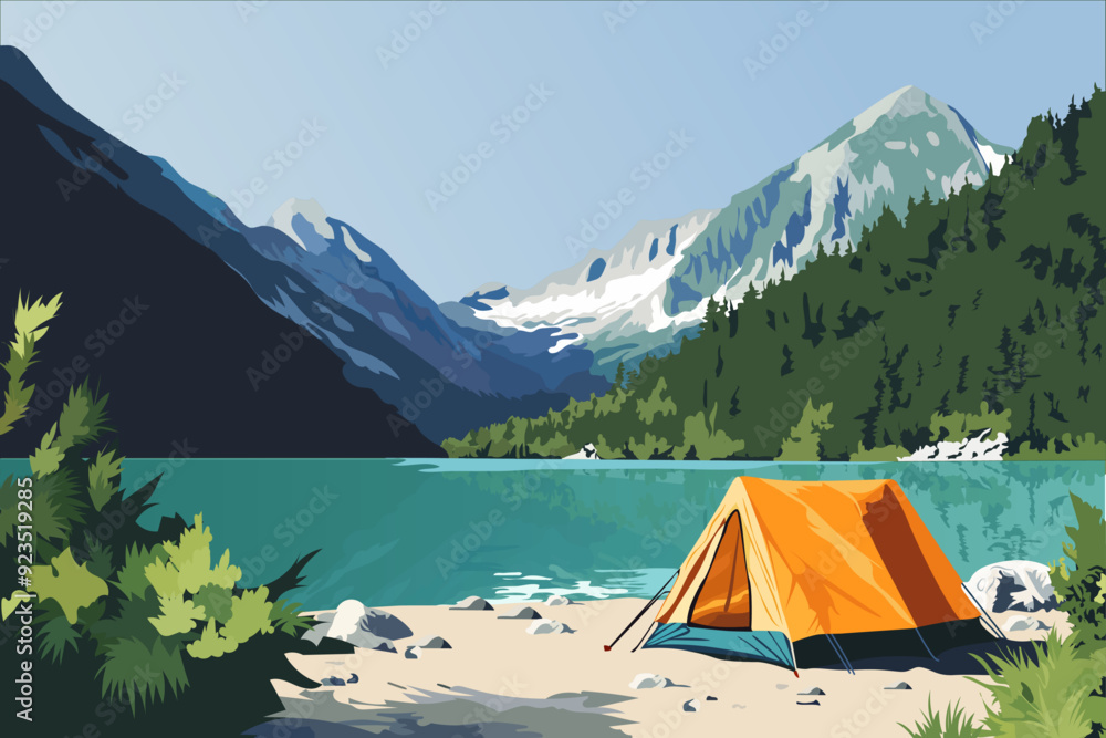 Wall mural hiking camping concept landscape illustration tent mountain forest banner poster vector background