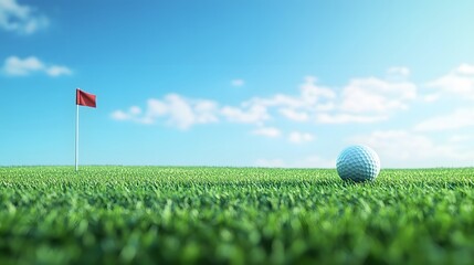 Obraz premium A golf ball rests on the green grass near a hole, with a flag in the background