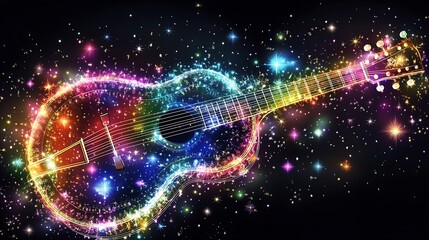 Obraz premium Cosmic Banjo Serenade - Colorful Vector Illustration of Banjo Silhouette with Glittering Stars and Celestial Gems on Space Background