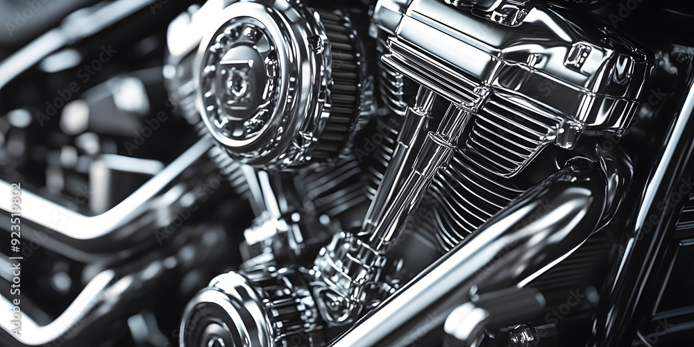 Wall mural close-up view of a black and white motorcycle engine