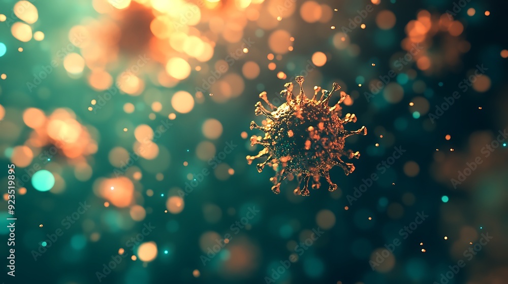 Poster illuminated virology - 3d render of vibrant virus particles on shimmering light bokeh background. ab
