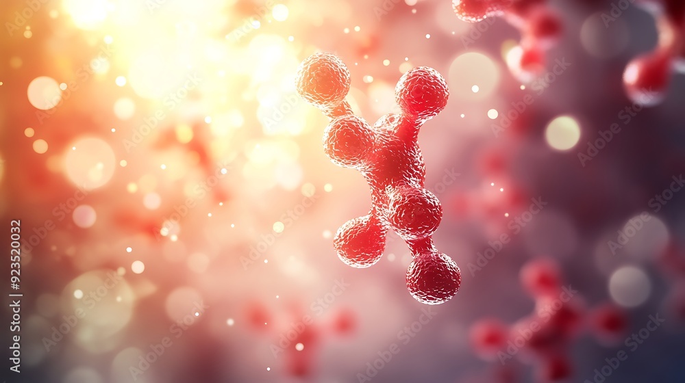 Poster molecular interactions of antigen-antibody complexes in ruby red and silver tones with bokeh backgro