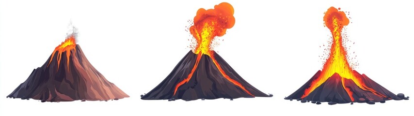 Three Volcanoes with Erupting Lava and Smoke