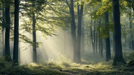 Obraz premium Tranquil Forest Scene with Towering Trees, Soft Sunlight, and Gentle Mist. AI generated illustration