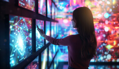 Woman Engaged with Multiple Digital Screens Surrounded by Vibrant Colors and Glowing Lights, Representing AI Integration in Data Analysis and Marketing Communication, Highlighting the Technological Fu