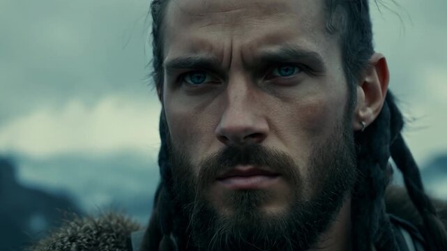 Portrait of stern brutal Viking. Man with pigtails, beard close up looking at camera. Face of handsome warrior after battle closeup. Brave courageous male person. Medieval times. Middle dark ages guy.