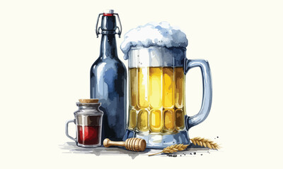 mug beer, free drink, watercolor mugs of beer, alcohol drinks, hand drawn illustration, watercolor mugs of beer