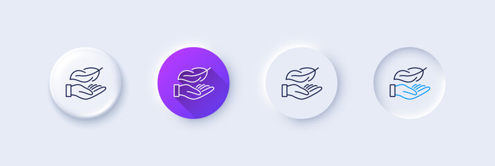 Lightweight line icon. Neumorphic, Purple gradient, 3d pin buttons. Feather quill sign. Light nib symbol. Line icons. Neumorphic buttons with outline signs. Vector