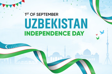 Uzbekistan Flag Waving On Skyline Background. Independence Day Concept Design Vector Illustration.