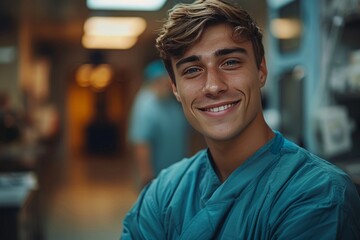Fototapeta premium Young Male Medical Professional Wearing Surgical Scrubs Smiling in Modern Healthcare Facility During Daytime
