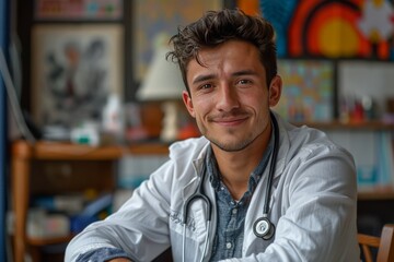 Obraz premium Young Healthcare Professional Smiling While Sitting in Clinic Office With Colorful Artwork