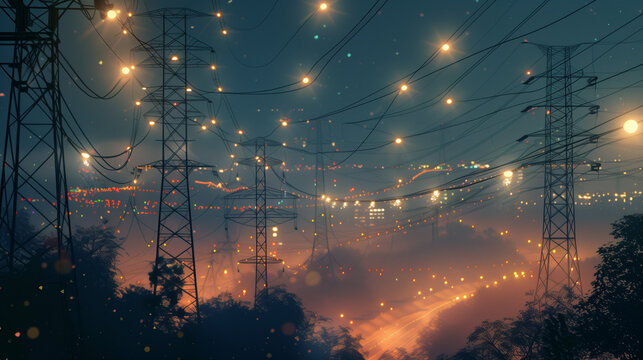 High voltage transmission tower on night sky background. Shiny sparkles electricity concept visualization. Power transmission line electricity pylons tall steel lattice structure