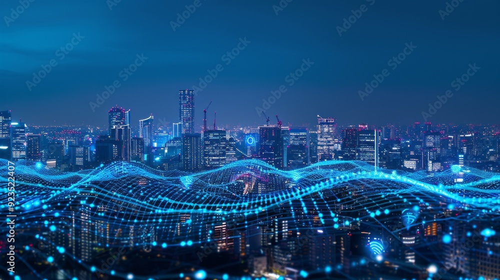 Poster the skyline showcases a bustling smart city at night, bathed in neon lights and interconnected with 