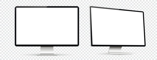 Mockup of computer monitor. Front and side view with white screen on transparent background.