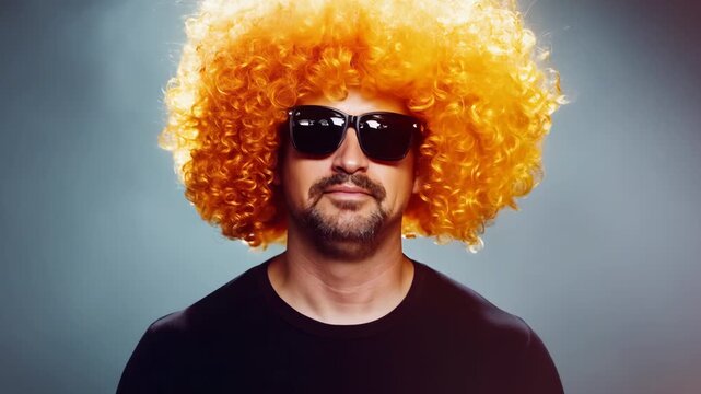 Funny red cool curly wig and sunglasses fall on sad bald man. Joke humor. Baldness solution. Person worry about hair loss. Happy cheerful guy laughs.
