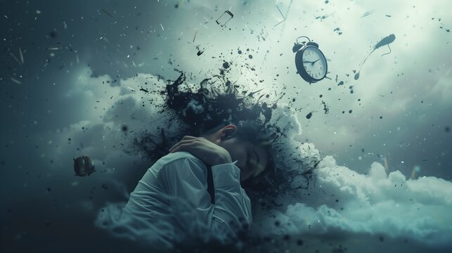 A surreal depiction of a person dreaming, surrounded by abstract elements like clouds and clocks.