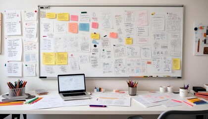 A whiteboard covered in colorful sticky notes and information, used for brainstorming or project planning