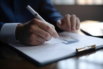 generated illustration closeup of hand holding pen on financial graphs and charts.