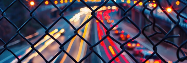 Trails of headlights on a busy highway observed through a wire fence.