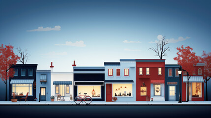generated illustration  row of small town buildings with storefront windows.