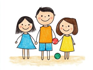 Stick Figure Family Happily Playing with Beach Ball on Sunny Coastal Vacation  Group of Stylized Figures Enjoying Outdoor Leisure Time Together at the Beach