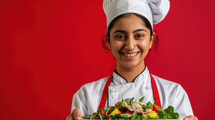 A young chef smiles while holding a colorful salad, showcasing her culinary skills with pride