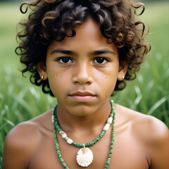 An Aboriginal boy with dark curly hair, wearing a necklace made of shells, with a serene expression, surrounded by vibrant green grass