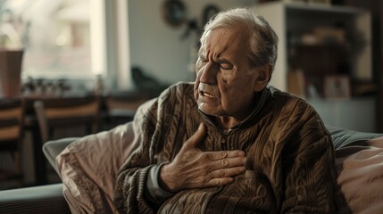 An elderly man appears distressed, holding his chest in a cozy living room setting.