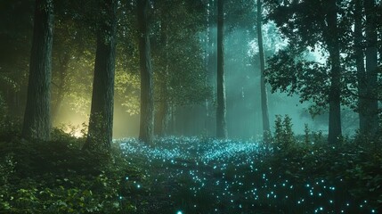 Mystical Forest Clearing with Bioluminescent Plants at Twilight and Ancient Trees. AI generated illustration