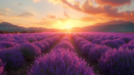 Wide angle shot of a lavender field in full bloom, endless rows of purple flowers, soft evening light, tranquil and aromatic, detailed and clear, 4K resolution