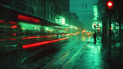 Night City Street with Green and Red Lights in Motion Blur, Shot on Fujifilm Provia Film. AI generated illustration