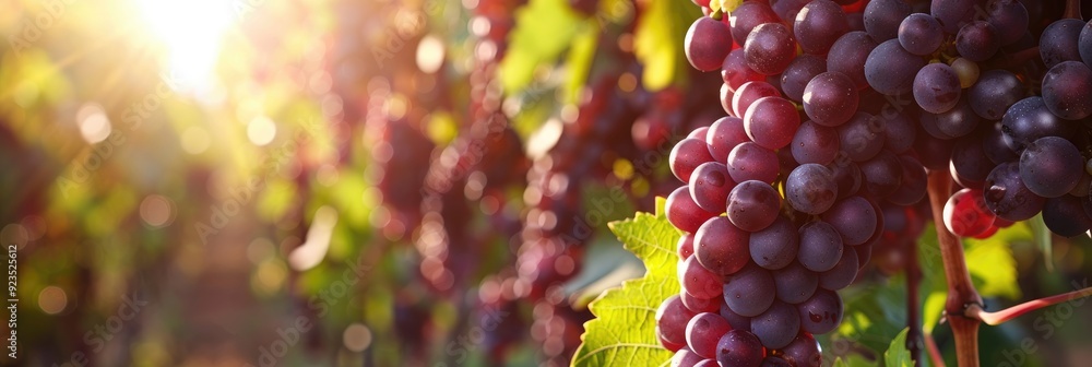 Sticker grape leaves in a vineyard, cultivating vines, and close-up of ripening grapes.