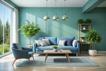 Zenith Serenity: Minimalist European design, calming blues and greens, tranquil mood, soft textures, natural elements