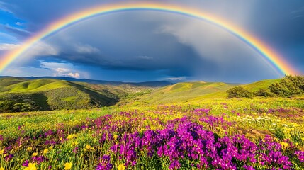 Rolling Hills Covered in Blooming Wildflowers with Vibrant Rainbow and Clearing Sky. AI generated illustration