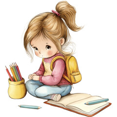 little schoolgirl reading a book, watercolour illustration isolated on a transparent background