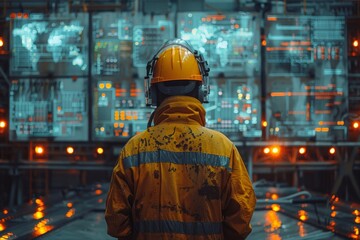 Fototapeta premium Worker in Protective Gear Analyzing Control Panel Data at Industrial Facility During Evening Hours