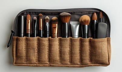 make up cosmetic bag white background glamour makeup artist pouch with beauty products flat lay top view.