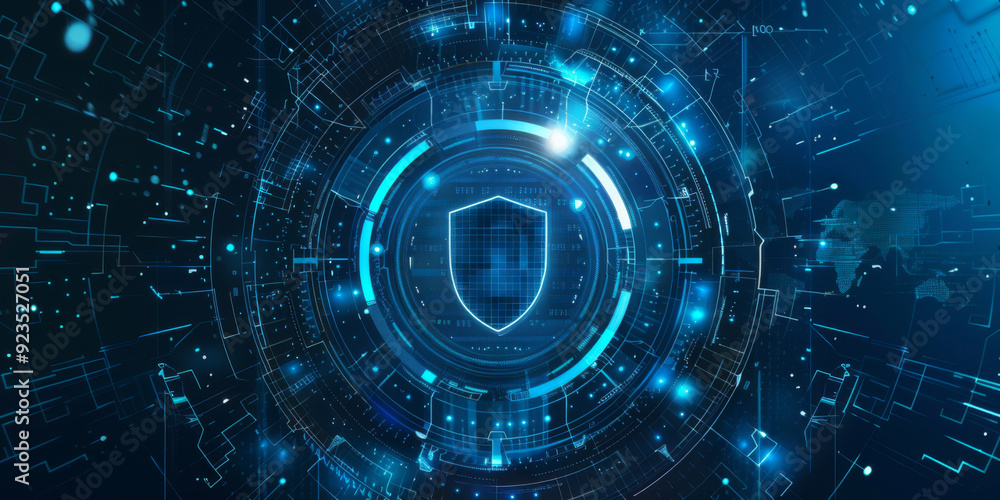 Poster wireframe of cybersecurity shield data protection and privacy. concept cybersecurity, data protectio