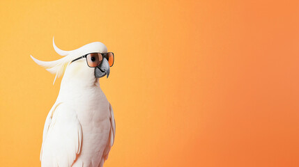 A majestic white cockatoo wears stylish sunglasses, exuding a confident and cool demeanor against a bold, vibrant background, creating a striking and playful visual, photo