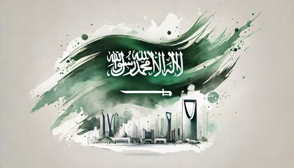 Saudi arabia national day illustration in watercolor style with large flag and city skyline.