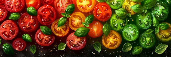 Fototapeta premium Elegant abstract background of vibrant tomatoes and fresh basil on a dark surface