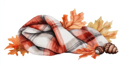 Cozy and warm watercolor of an autumn planner design with a plaid throw acorns and a minimalist nature inspired aesthetic  Perfect for seasonal home decor craft projects or office organization