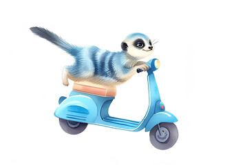 Watercolor illustration of a cute blue meerkat riding a pink scooter on a white background.