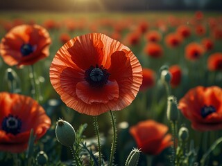 Obraz premium Banner with red poppy flower field, symbol for remembrance, memorial, anzac day