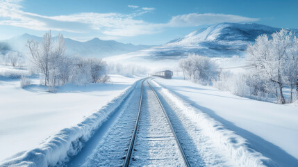 Obraz premium Snow-covered electric train tracks leading into a scenic snowy valley, with the train creating a path through the pristine white landscape.
