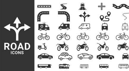 Vector road icons set. Containing street, traffic light, signpost, Bending road, highway or roadway vector illustration.