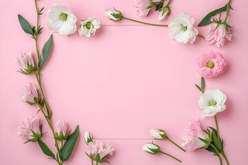Fototapeta premium Empty flower frame made of eustoma on a pink pastel background. Greeting card template with copyspace. Springtime holidays concept.