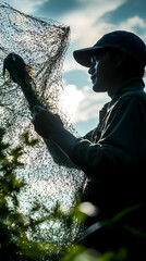 Fisherman Holding Fishing Net with Catch