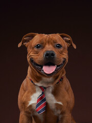 A Thai Ridgeback and a Staffordshire Bull Terrier playfully engage in a staged scene, with the Ridgeback donning a classic black hat and gently holding a red rose